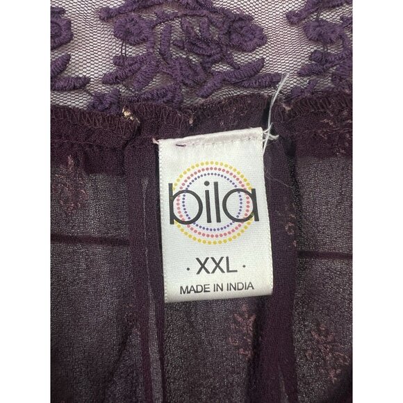Bila Top Women XXL Burgundy Sheer Popover V Neck Long Sleeve Beaded Embroidered - Picture 12 of 14